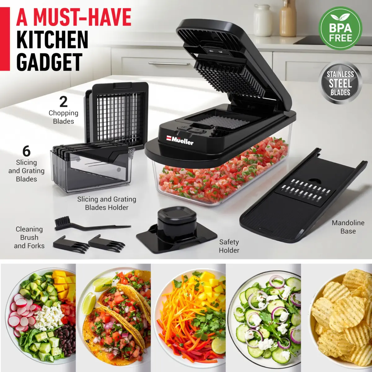 JANSKA Pro-Series 10-in-1 Vegetable Chopper & Mandoline Slicer with Container, 1.25 kg (2.75 lb) | 8 Stainless Steel Blades - view 7
