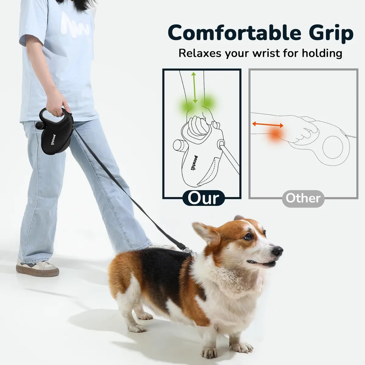 Pecute 32ft Retractable Dog Leash with Reflective Strips | 360° Tangle-Free Nylon, One-Button Control, Poop Bag Holder for Medium & Large Dogs - view 6