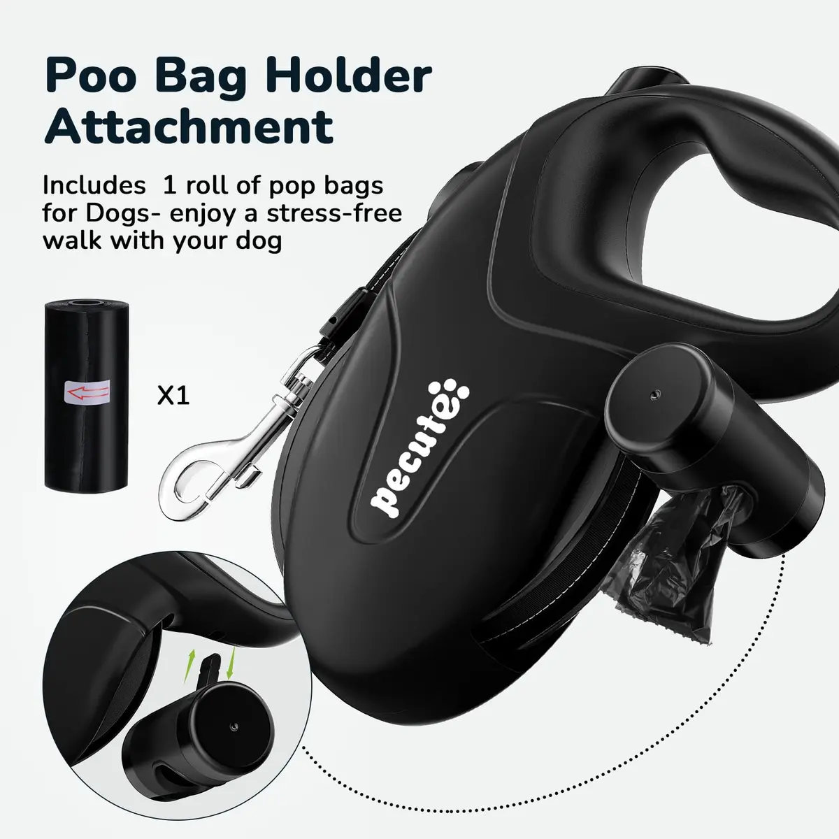 Pecute 32ft Retractable Dog Leash with Reflective Strips | 360° Tangle-Free Nylon, One-Button Control, Poop Bag Holder for Medium & Large Dogs - view 7