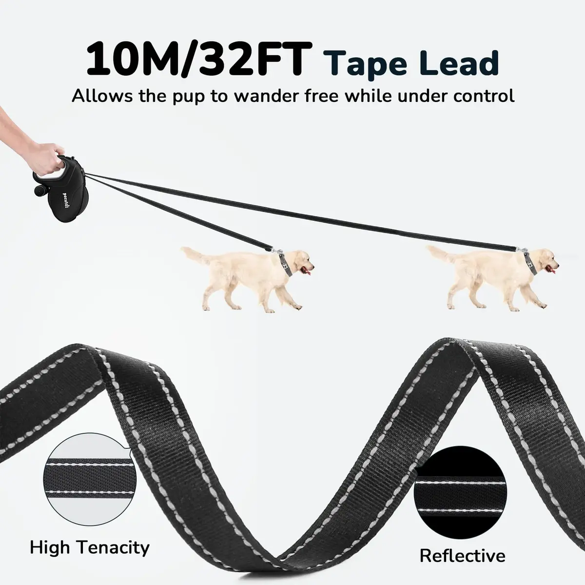 Pecute 32ft Retractable Dog Leash with Reflective Strips | 360° Tangle-Free Nylon, One-Button Control, Poop Bag Holder for Medium & Large Dogs - view 2