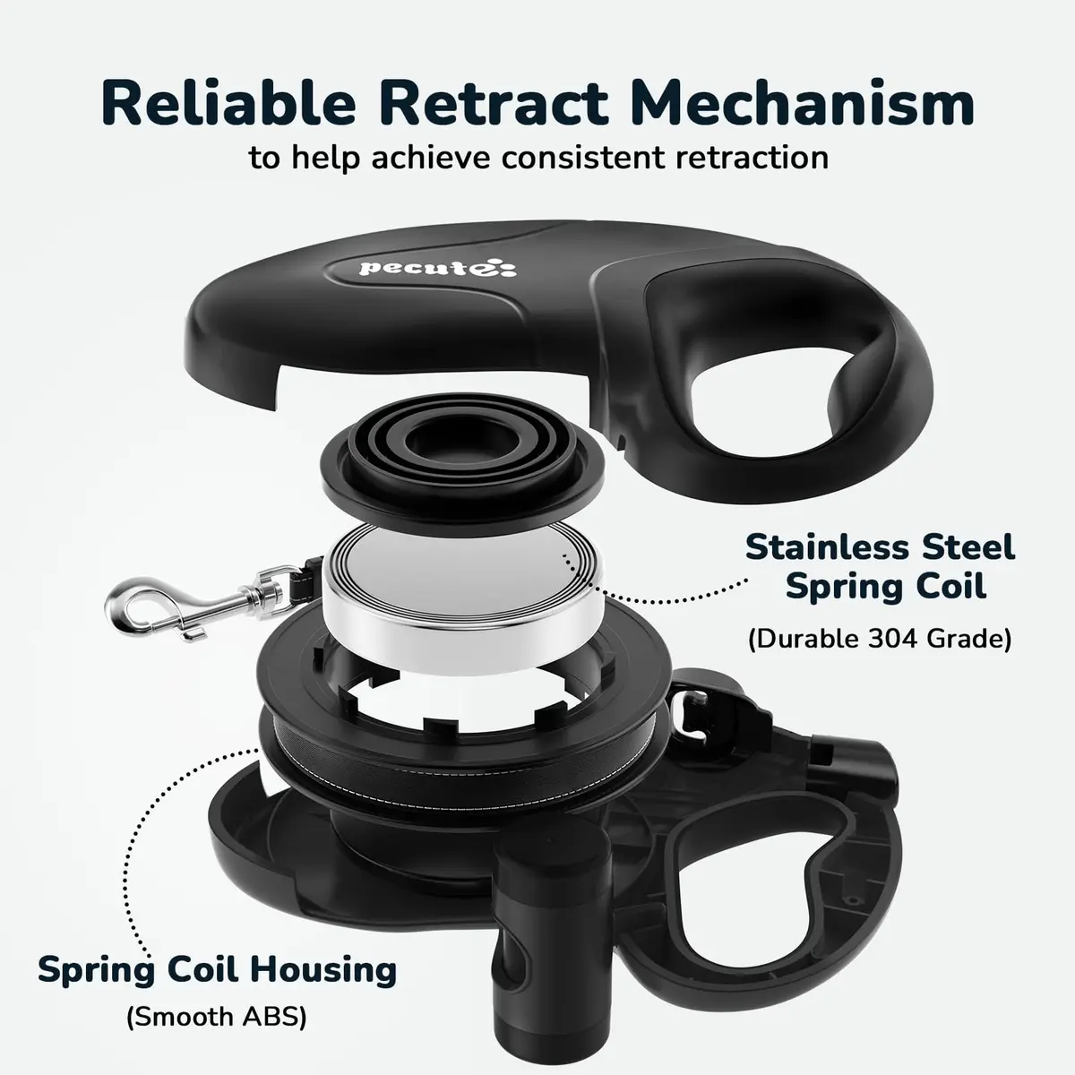 Pecute 32ft Retractable Dog Leash with Reflective Strips | 360° Tangle-Free Nylon, One-Button Control, Poop Bag Holder for Medium & Large Dogs - view 3