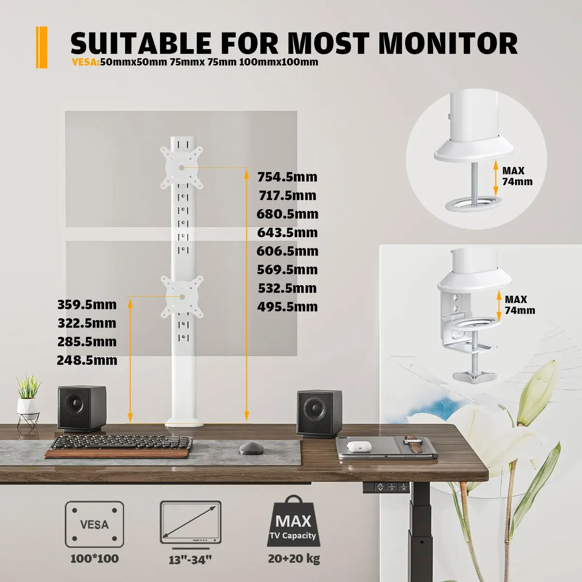 Hemudu Dual Monitor Articulating Desk Mount White | Supports 13-34 Inch Monitors - view 5