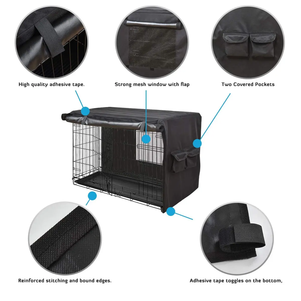 HONEST OUTFITTERS Dog Crate Cover, 55L x 38W x 45H, Black, Heavy-Duty Oxford Fabric, Double Door, Pockets, Mesh Window, Fits 54-Inch Wire Crate - view 5