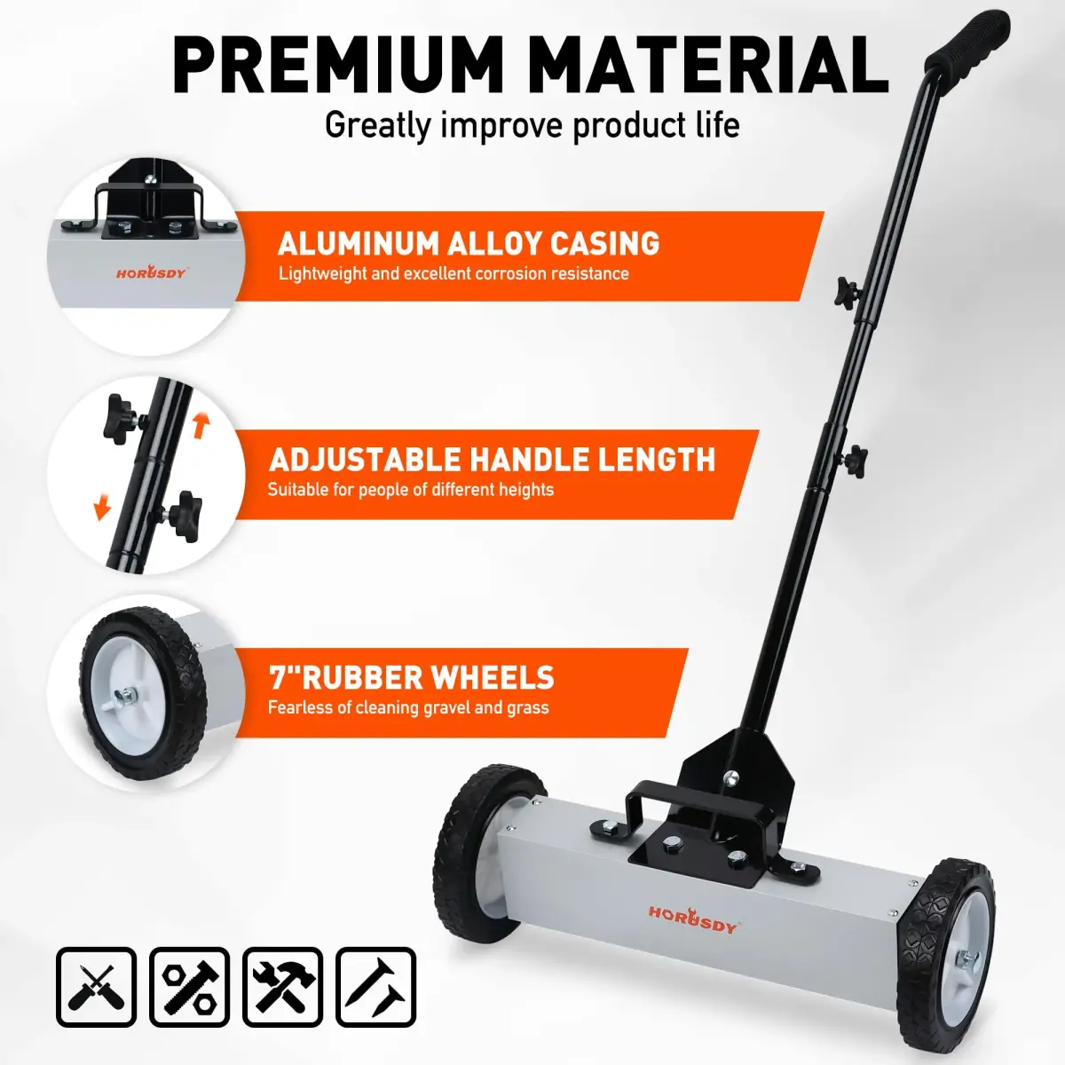 HORUSDY 18-Inch Rolling Magnetic Sweeper with Wheels, 45LBS Pickup Power | Workshop, Garage, Yard Cleanup - view 7