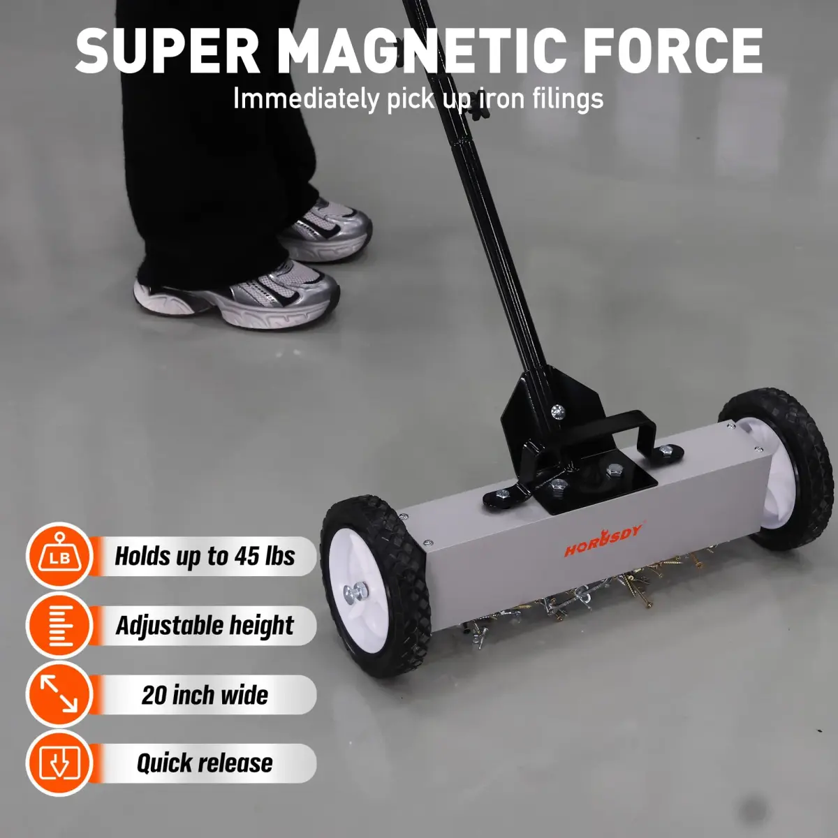 HORUSDY 18-Inch Rolling Magnetic Sweeper with Wheels, 45LBS Pickup Power | Workshop, Garage, Yard Cleanup - view 4