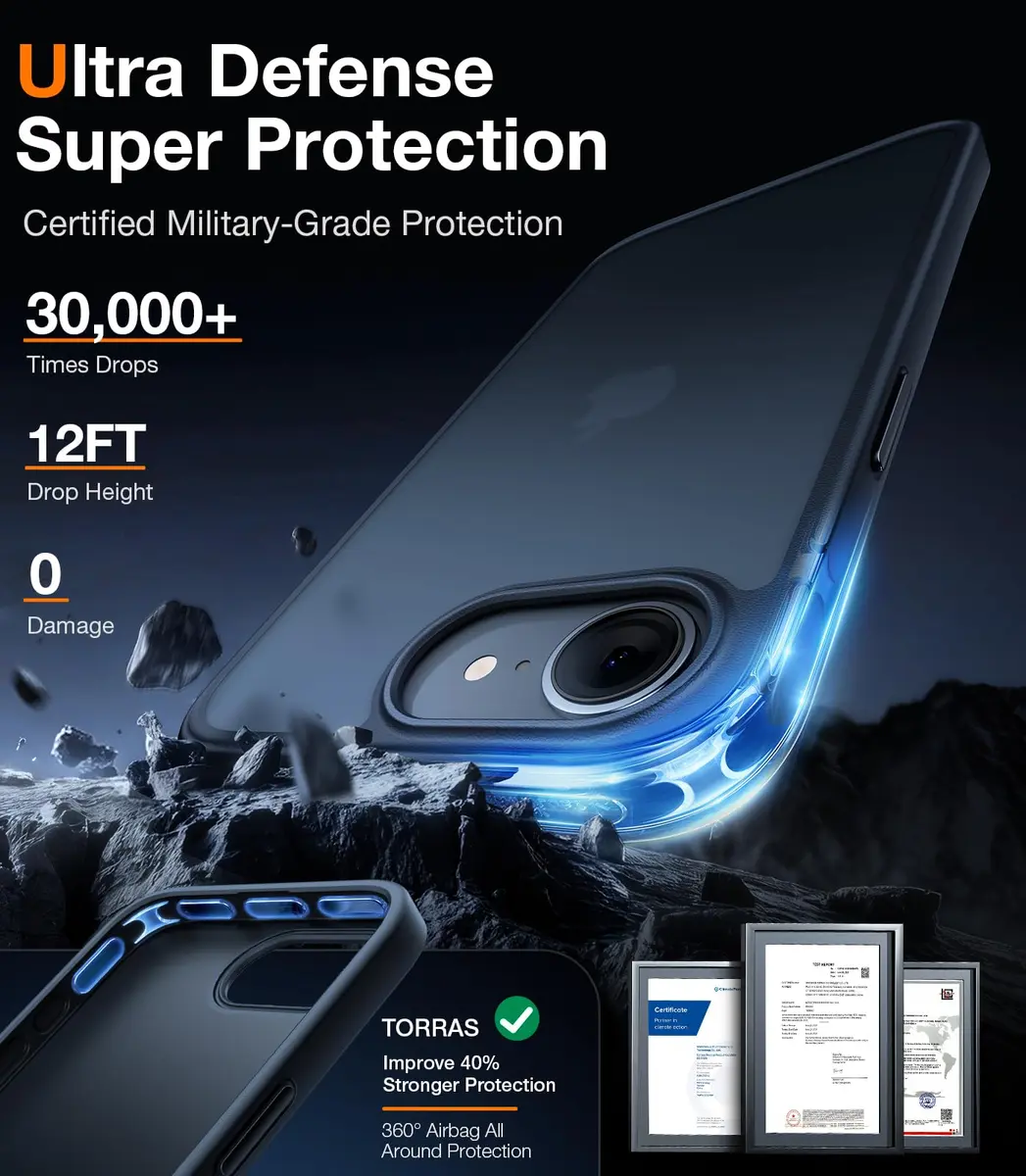 TORRAS Shockproof Case for iPhone 17e & 16e, 12FT Drop Protection, Slim Translucent Black | Heavy Duty Protection - view 2