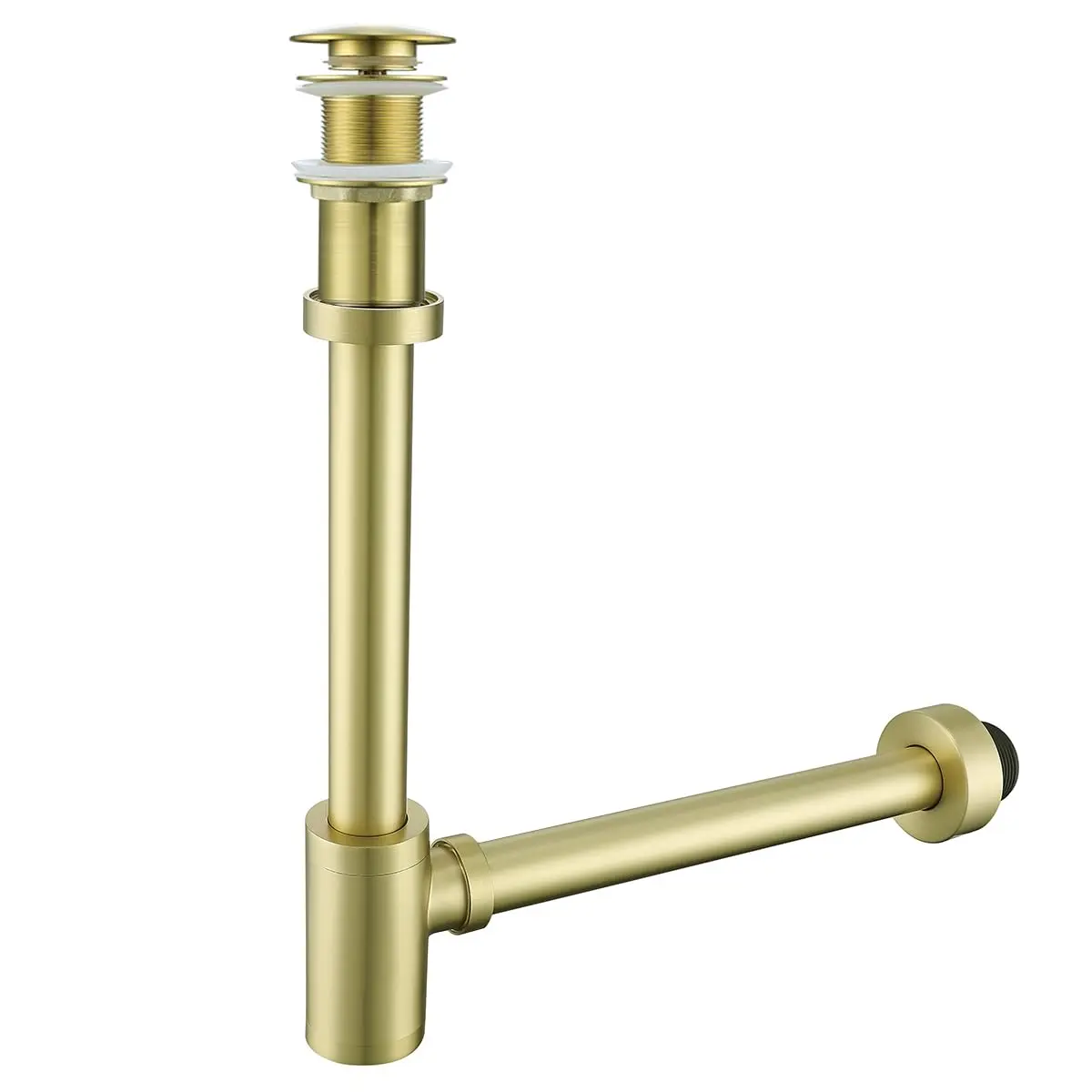 SEABEFORE Brass Round Bottle P-Trap with Pop Up Drain Stopper 1 1/4 | Adjustable, Brushed Gold, No Overflow - main product image