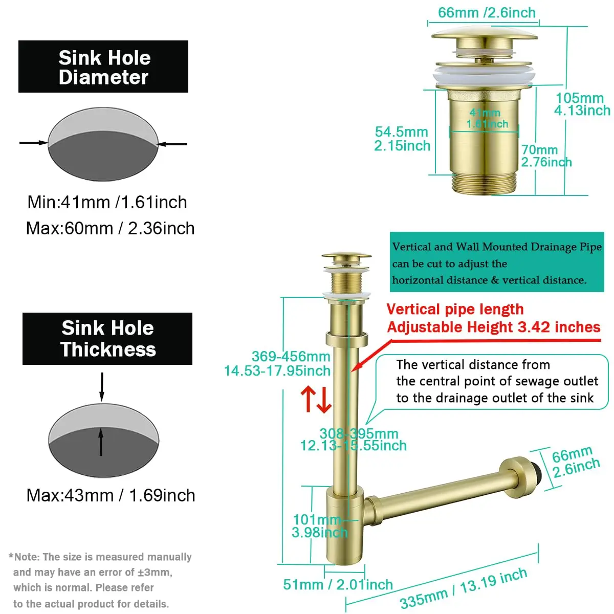 SEABEFORE Brass Round Bottle P-Trap with Pop Up Drain Stopper 1 1/4 | Adjustable, Brushed Gold, No Overflow - view 2