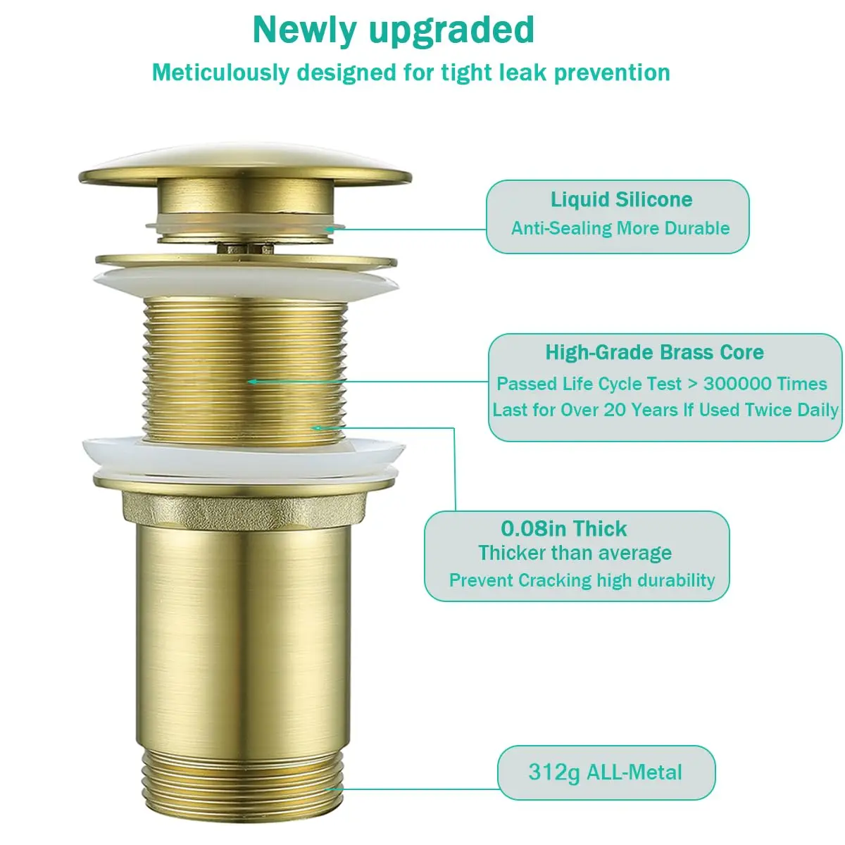 SEABEFORE Brass Round Bottle P-Trap with Pop Up Drain Stopper 1 1/4 | Adjustable, Brushed Gold, No Overflow - view 3