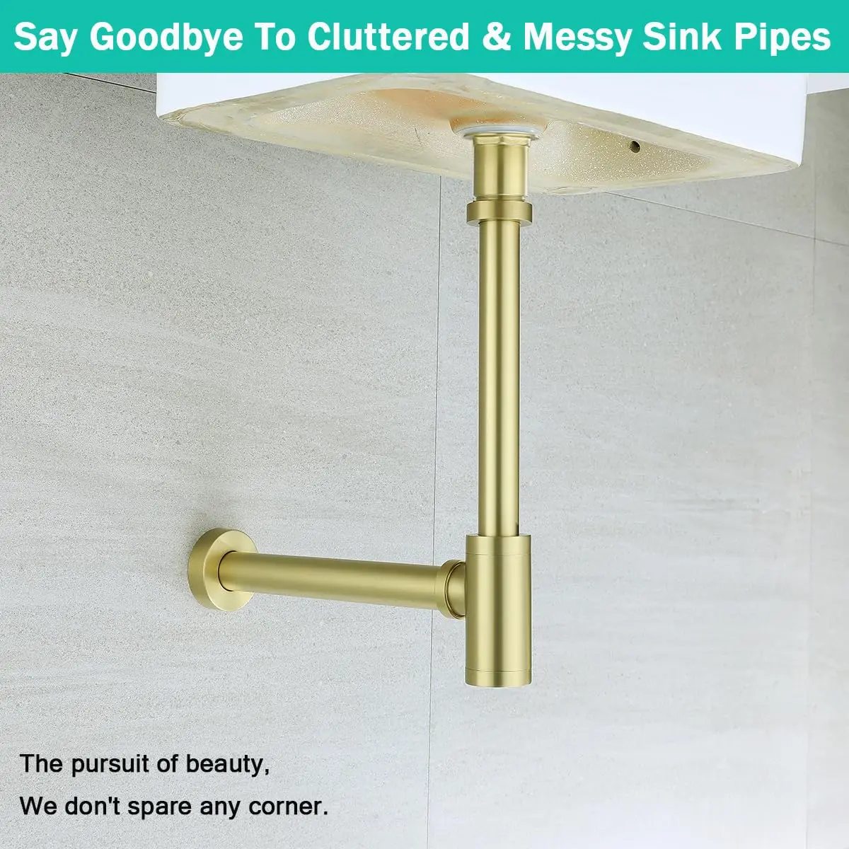 SEABEFORE Brass Round Bottle P-Trap with Pop Up Drain Stopper 1 1/4 | Adjustable, Brushed Gold, No Overflow - view 4