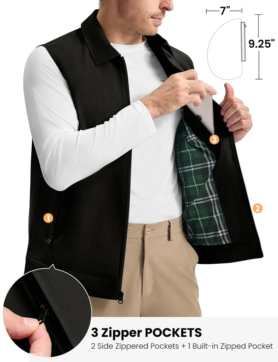TBMPOY Men's Vest Casual Lightweight Thin Utility 3 Zip Pockets Stylish Sleeveless Jackets Summer Fall Golf Travel Business Outerwear Black S - view 5