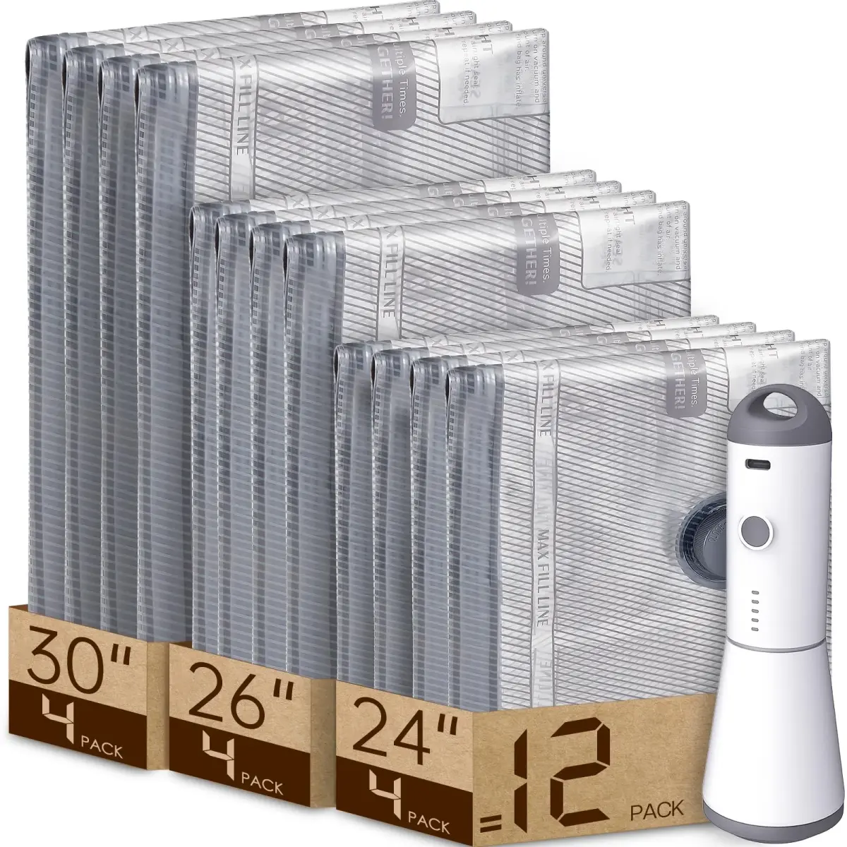Vacbird Travel Vacuum Seal Bags with Rechargeable Pump (12 Bags, Grey/White) | Reduces Luggage Volume by 80% - main product image