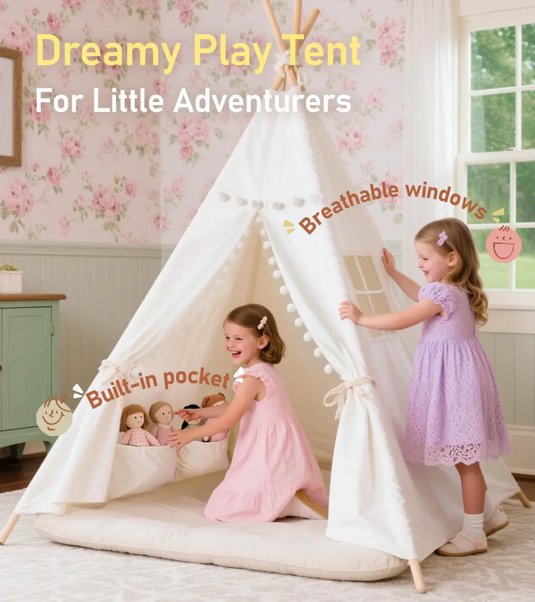 little dove Kids Teepee Tent with Star Lights, Mat & Carry Bag | Magical Indoor & Outdoor Play Space for Kids 3+ - view 5