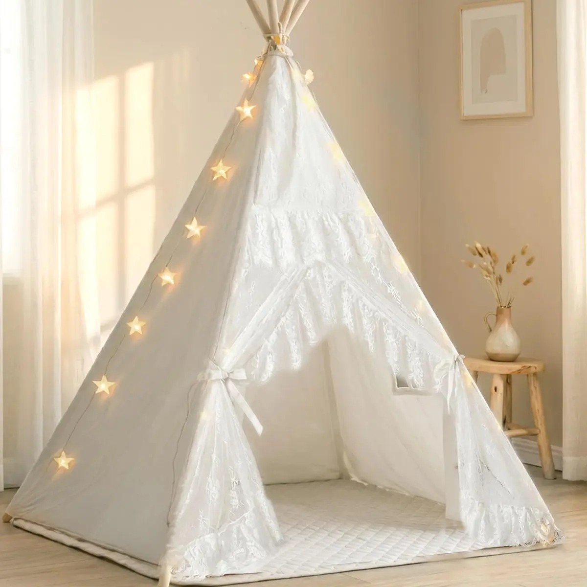 little dove Kids Teepee Tent with Star Lights, Mat & Carry Bag | Cozy Indoor & Outdoor Playhouse for Ages 3+ - main product image