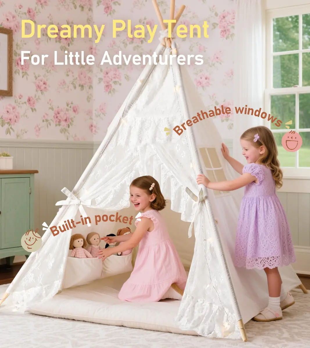 little dove Kids Teepee Tent with Star Lights, Mat & Carry Bag | Cozy Indoor & Outdoor Playhouse for Ages 3+ - view 5