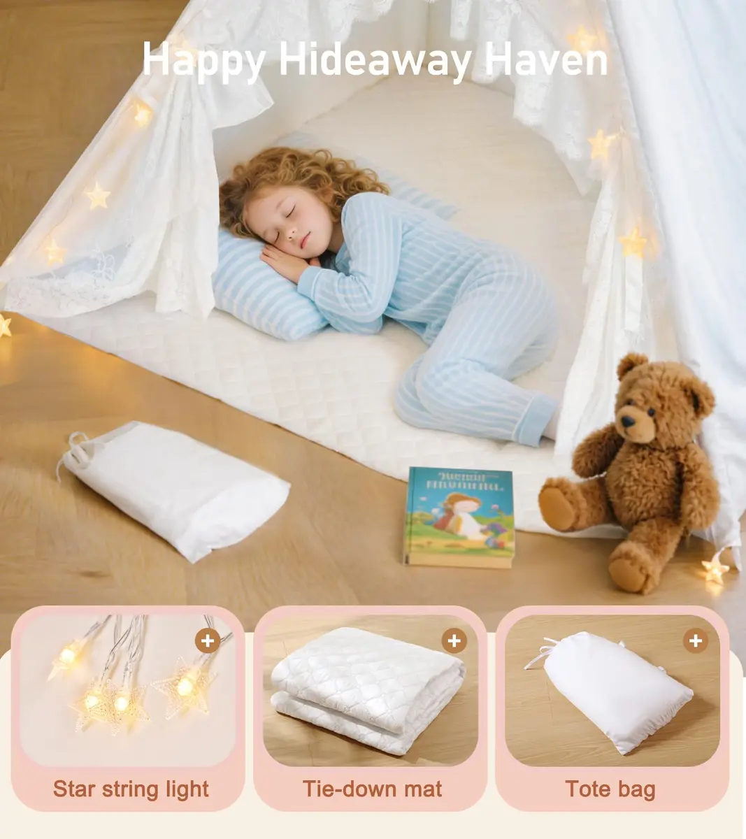 little dove Kids Teepee Tent with Star Lights, Mat & Carry Bag | Cozy Indoor & Outdoor Playhouse for Ages 3+ - view 3