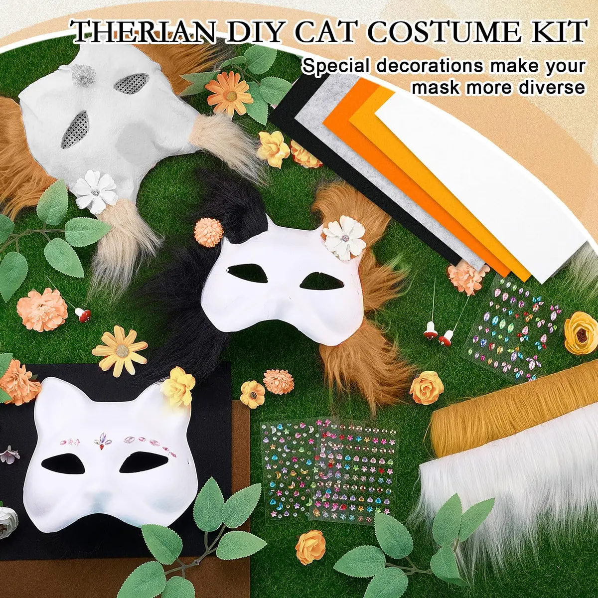 Seenelling 31 Pcs DIY Therian Mask Kit, Blank Cat Mask, Orange | Creative Costume Mask Set for Cosplay & Parties - view 3