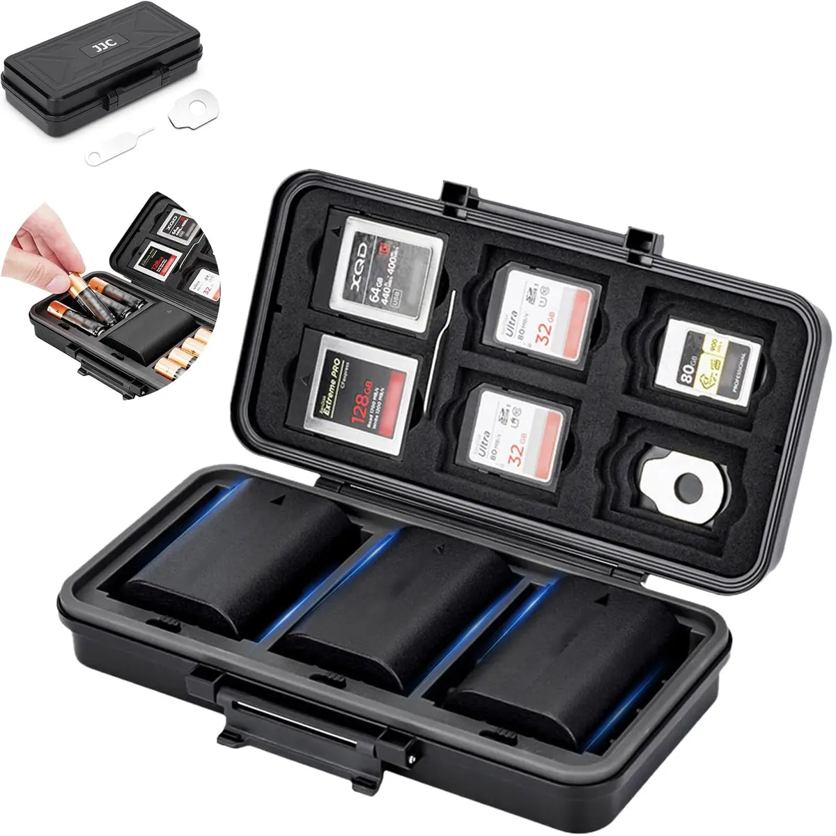 JJC Multi-Function Camera Battery & Memory Card Case for Canon LP-E6 Sony NP-FZ100, Water-Resistant & Shockproof (Water-Resistant & Shockproof Case for SD CFexpress Type A B XQD Cards, AA Batteries | Compact & Durable) - main product image