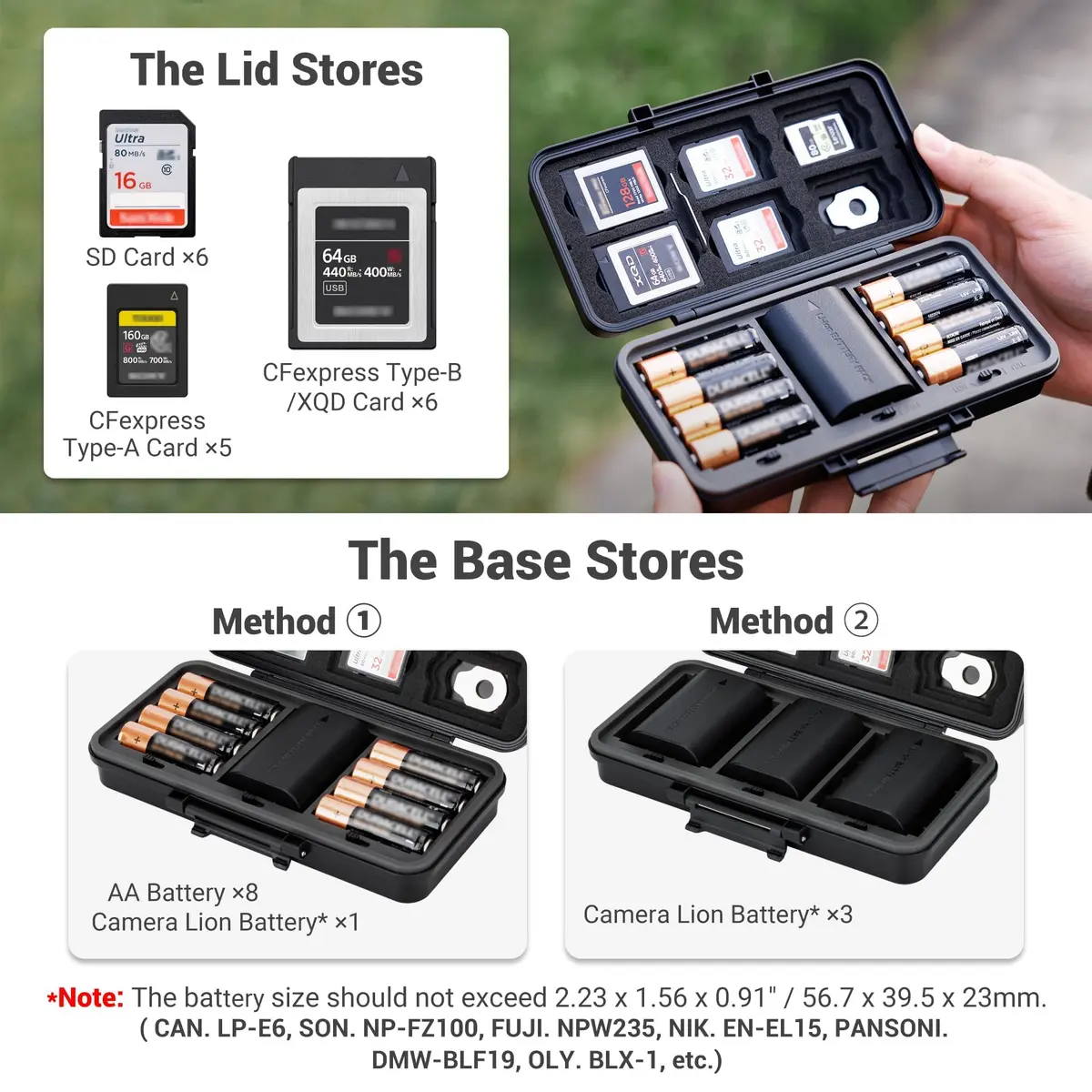 JJC Multi-Function Camera Battery & Memory Card Case for Canon LP-E6 Sony NP-FZ100, Water-Resistant & Shockproof (Water-Resistant & Shockproof Case for SD CFexpress Type A B XQD Cards, AA Batteries | Compact & Durable) - view 2