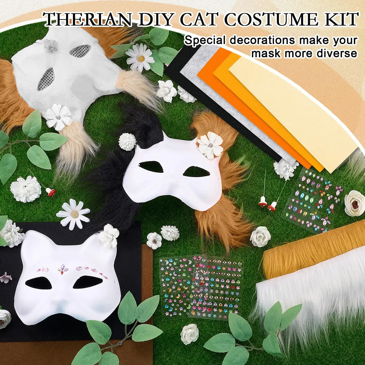 Seenelling 31 Pcs DIY Therian Mask Kit, Blank Cat Mask, Cream | Unisex Adult Costume Mask - view 3