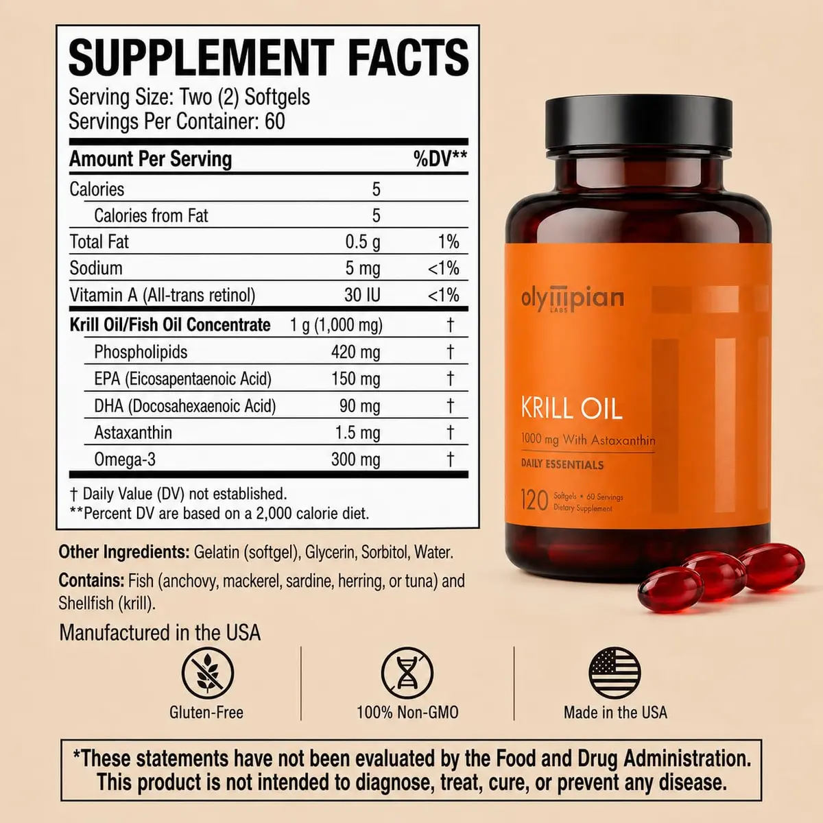 Olympian Labs Antarctic Krill Oil 1000mg with Astaxanthin, 120 Softgels | Phospholipid Omega-3 for Heart & Brain - view 2