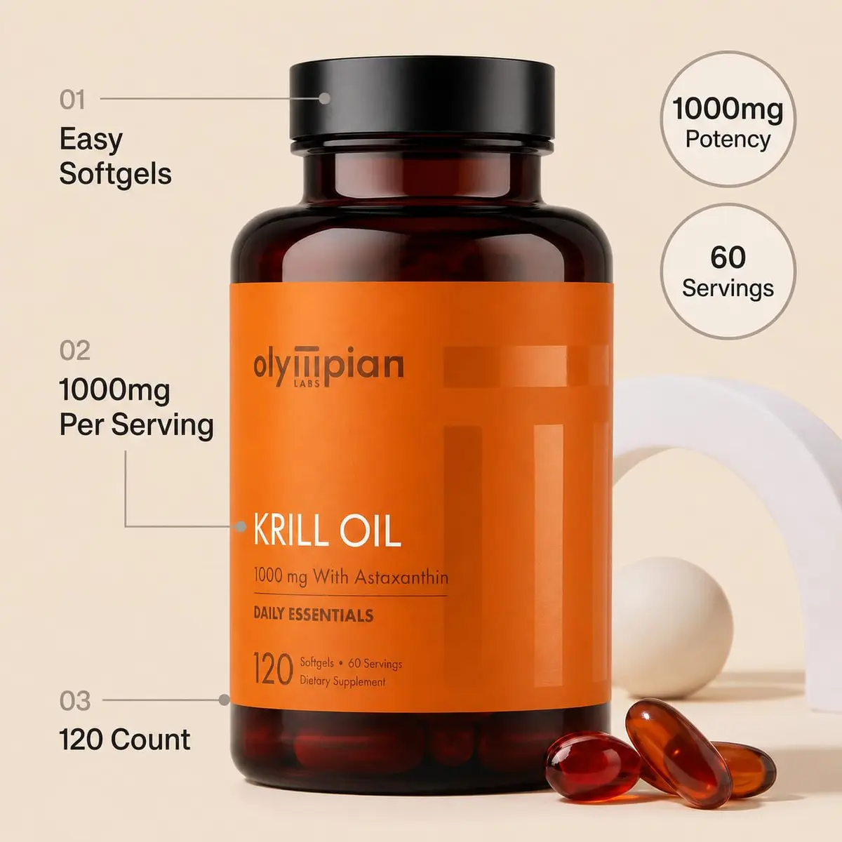 Olympian Labs Antarctic Krill Oil 1000mg with Astaxanthin, 120 Softgels | Phospholipid Omega-3 for Heart & Brain - view 3