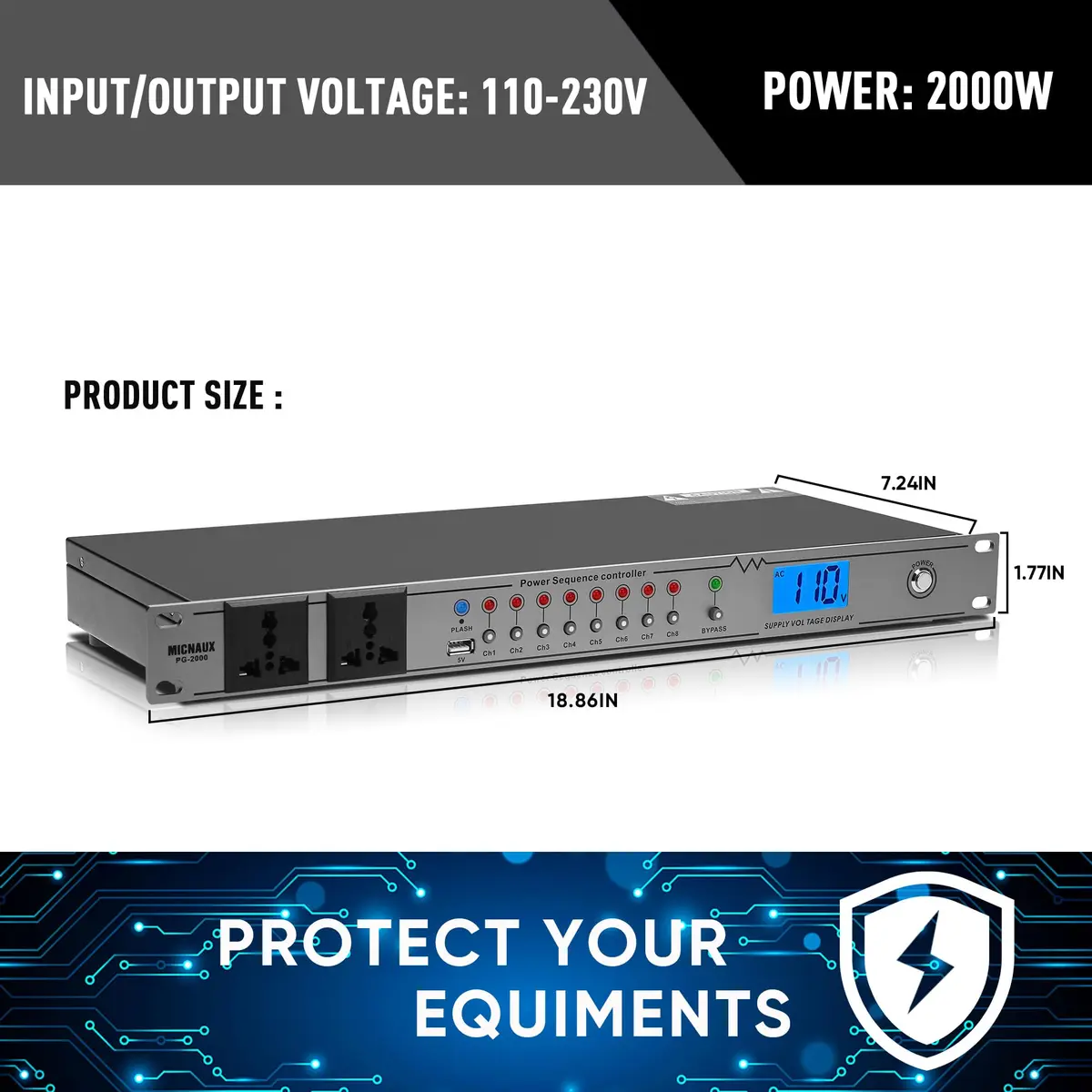 MICNAUX Rack Mount Power Conditioner 20A | 10 Outlets, Surge & Voltage Display, Global Voltage Compatibility - view 9