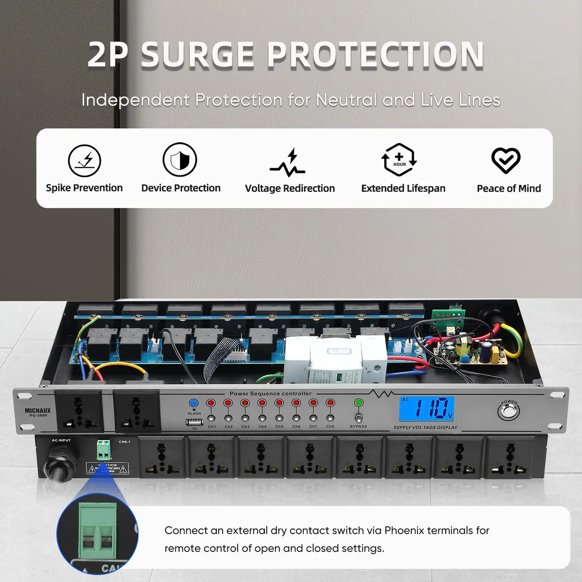 MICNAUX Rack Mount Power Conditioner 20A | 10 Outlets, Surge & Voltage Display, Global Voltage Compatibility - view 3