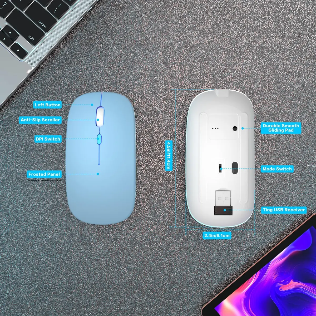 AIKOKOK Wireless Bluetooth Mouse, Rechargeable Dual Mode, Blue | Slim, Silent, Portable with LED Atmosphere - view 5