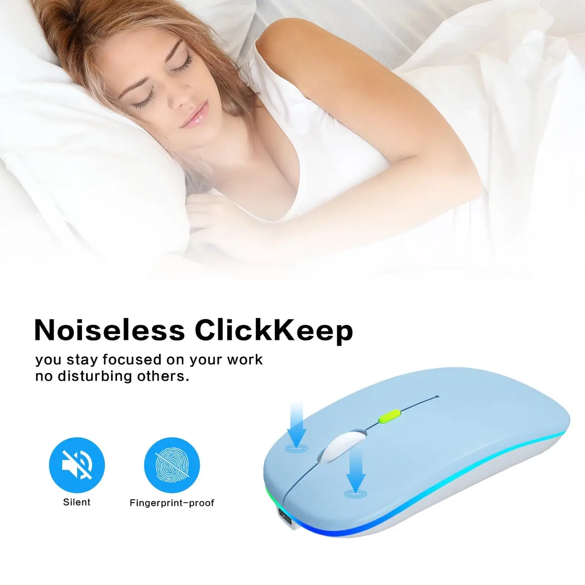 AIKOKOK Wireless Bluetooth Mouse, Rechargeable Dual Mode, Blue | Slim, Silent, Portable with LED Atmosphere - view 6