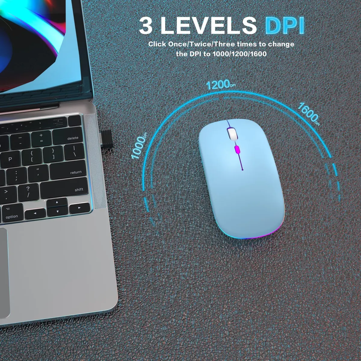 AIKOKOK Wireless Bluetooth Mouse, Rechargeable Dual Mode, Blue | Slim, Silent, Portable with LED Atmosphere - view 8