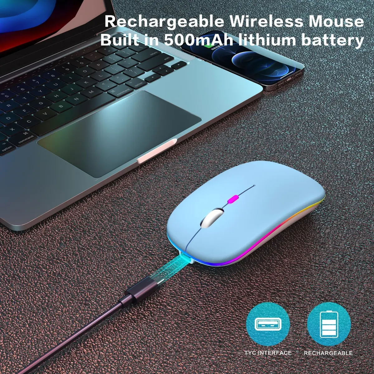 AIKOKOK Wireless Bluetooth Mouse, Rechargeable Dual Mode, Blue | Slim, Silent, Portable with LED Atmosphere - view 3