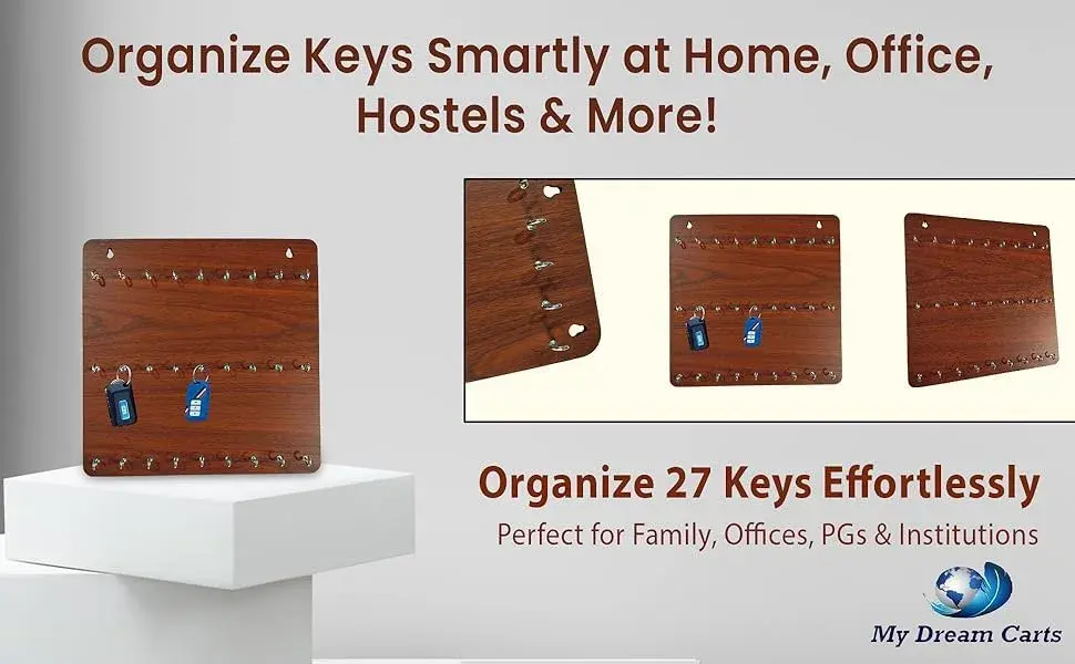 My Dream Carts Wooden Key Holder with 27 Hooks | Matte Brown Finish, 30x30cm - view 2