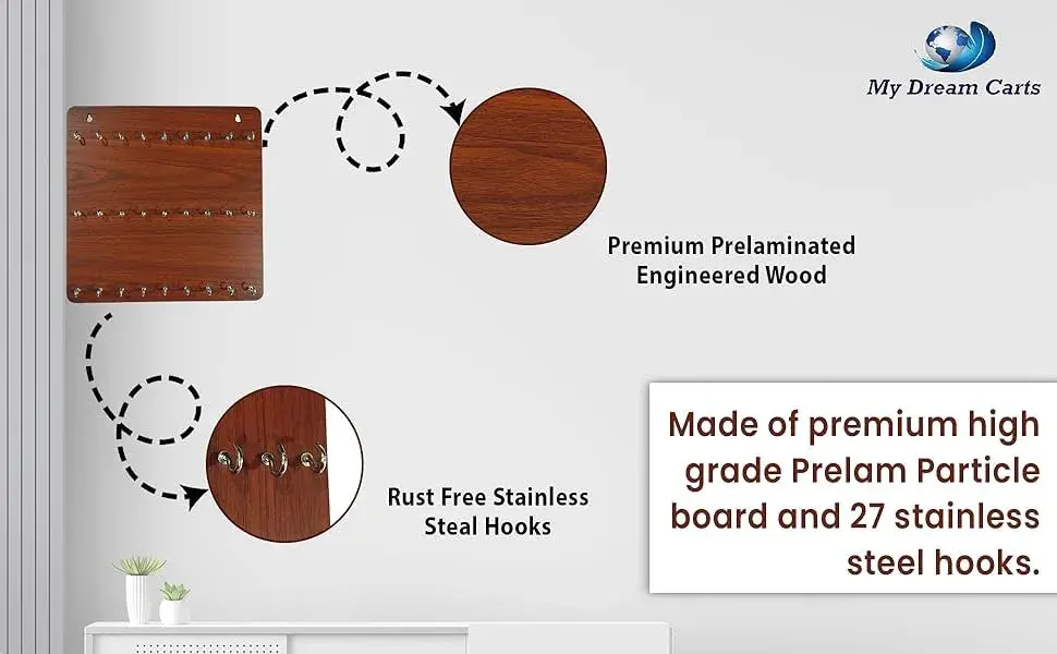 My Dream Carts Wooden Key Holder with 27 Hooks | Matte Brown Finish, 30x30cm - view 3