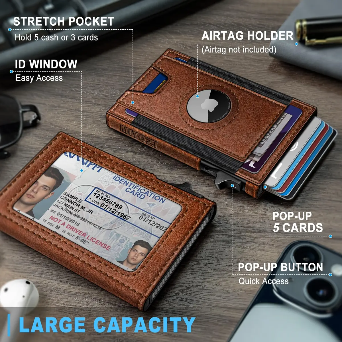 miyozi Slim Airtag Wallet for Men, Pop-Up RFID Blocking Leather Card Holder with ID Window | 9.9 cm (3.9 in) - view 2