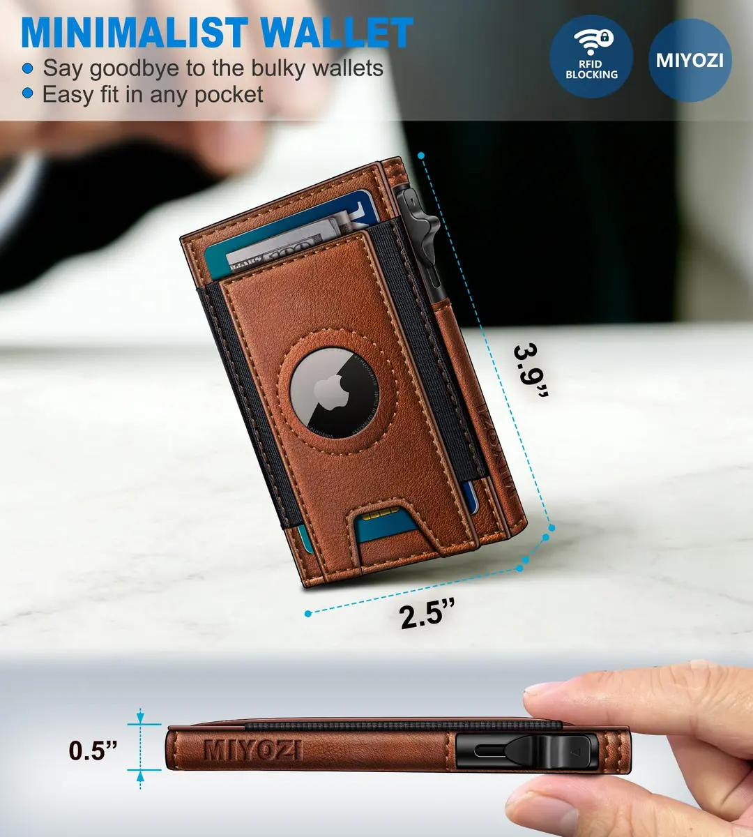 miyozi Slim Airtag Wallet for Men, Pop-Up RFID Blocking Leather Card Holder with ID Window | 9.9 cm (3.9 in) - view 3