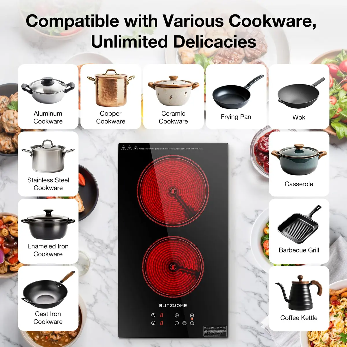 BLITZHOME Electric Stove Top 2 Burner | 12-inch Ceramic Cooktop with 9 Power Levels & Timer - view 6
