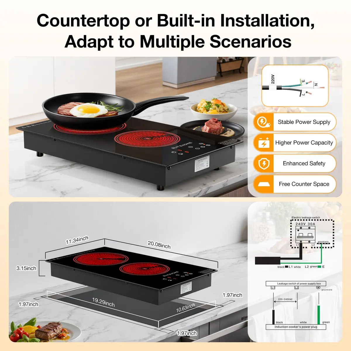 BLITZHOME Electric Stove Top 2 Burner | 12-inch Ceramic Cooktop with 9 Power Levels & Timer - view 7