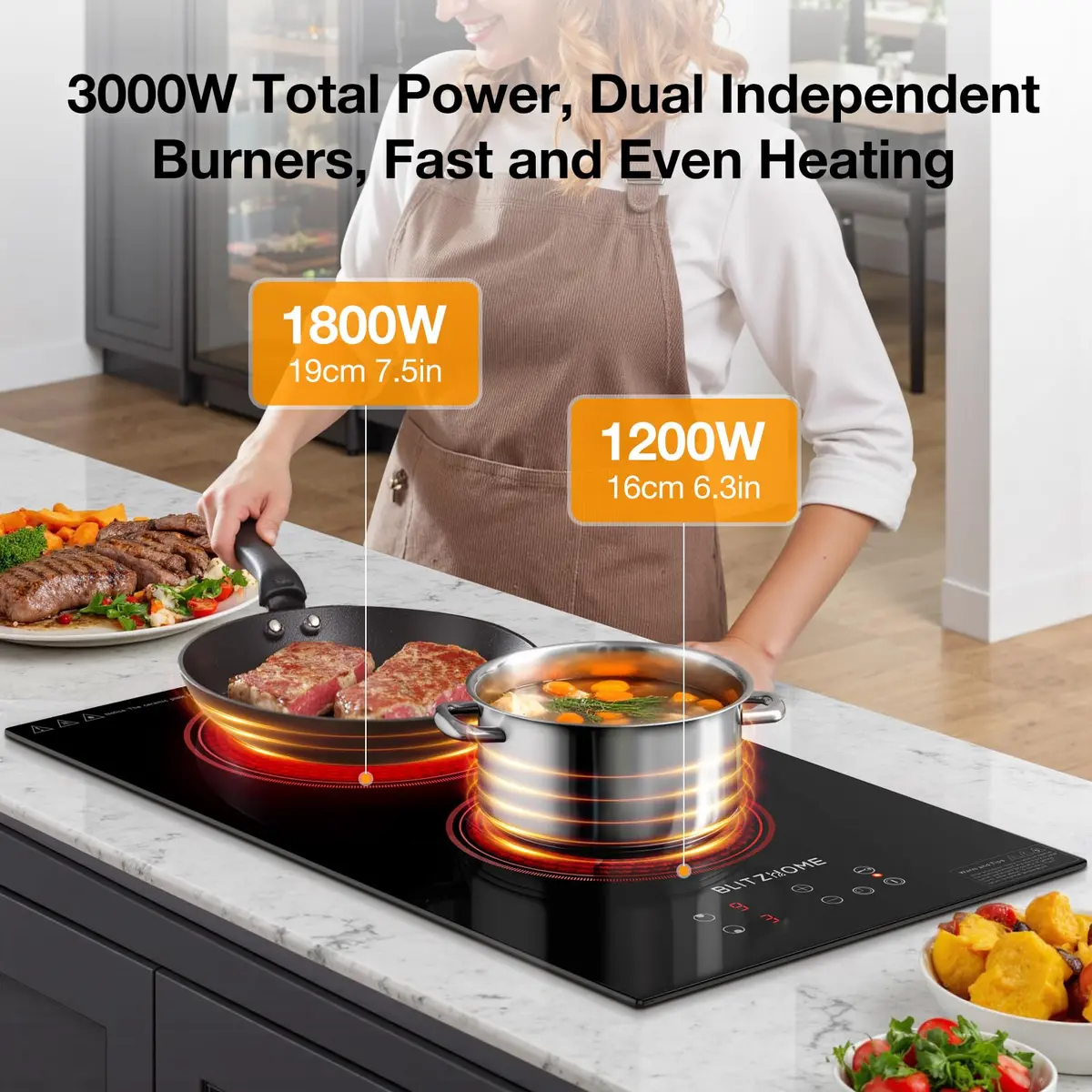 BLITZHOME Electric Stove Top 2 Burner | 12-inch Ceramic Cooktop with 9 Power Levels & Timer - view 2