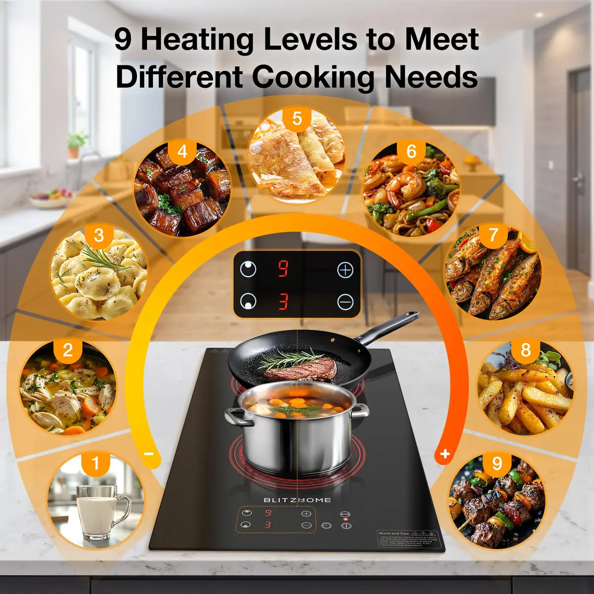 BLITZHOME Electric Stove Top 2 Burner | 12-inch Ceramic Cooktop with 9 Power Levels & Timer - view 3