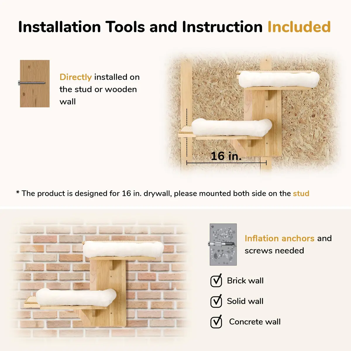 FUKUMARU Cat Wall Shelves 2 Platform with Soft Cushion Perch | Tree Shape Indoor Cat Furniture - view 8