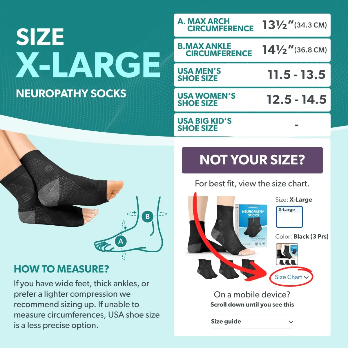 BraceAbility Neuropathy Socks X-Large, Black - 3 Pairs | FDA Approved Medical Compression for Nerve Pain - view 2