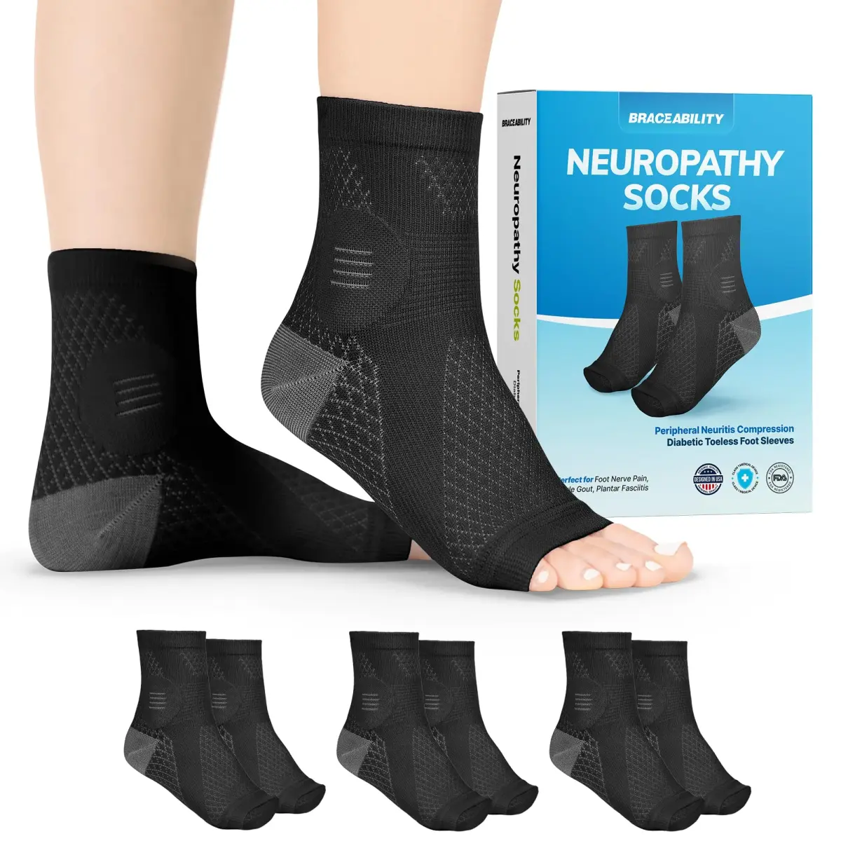 BraceAbility Large Black Neuropathy Socks - 3 Pairs | FDA Approved Medical Compression for Nerve Pain Relief - main product image