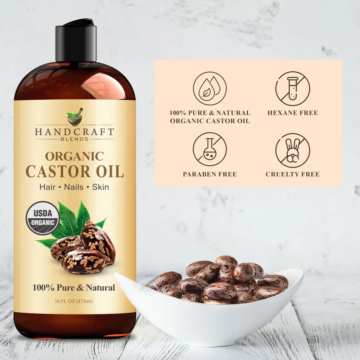 Handcraft Blends Organic Castor Oil with Pack Wrap 473ml (16 Fl Oz) | USDA Certified Pure & Natural - view 4