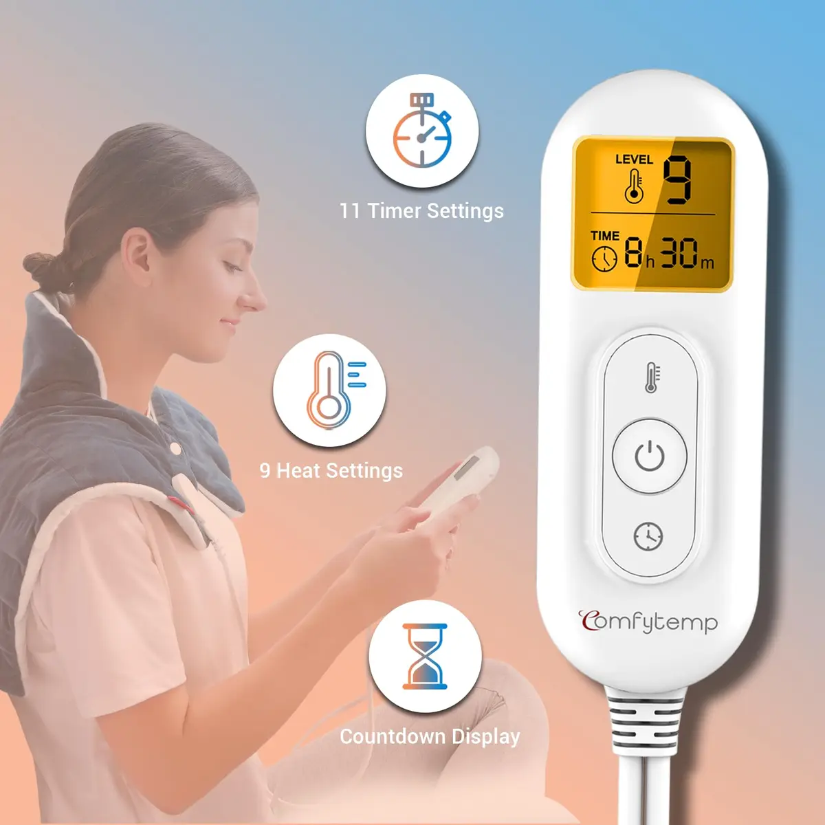 Comfytemp Weighted Heating Pad for Neck Shoulders Back 2.6lb 19"x23" Dark Blue | 9 Heat Settings & 11 Auto-Off Timers - view 4