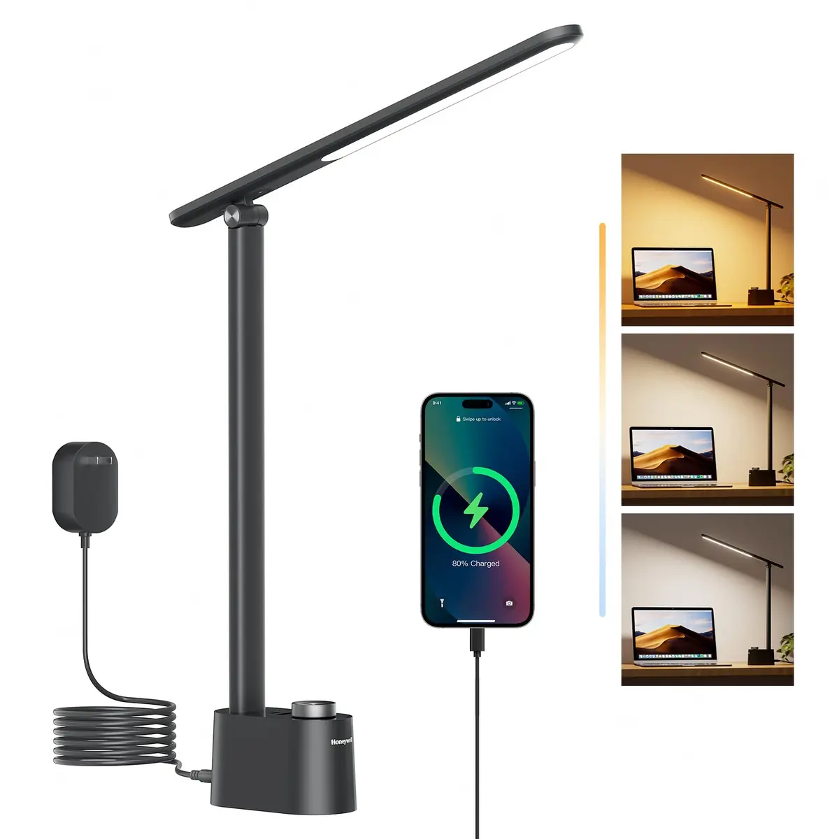 Honeywell LED Desk Lamp, Sunturalux™ Black | Eye-Care, Dimmable, USB Ports, Foldable (16.5in H, 4in dia) - main product image