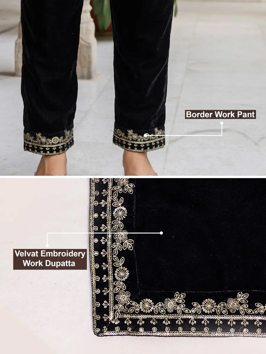 TRENDMALLS Women's Velvet Embroidery Kurta Pant Set with Dupatta XX-Large Black | Festive Indian Ethnic Wear - view 5