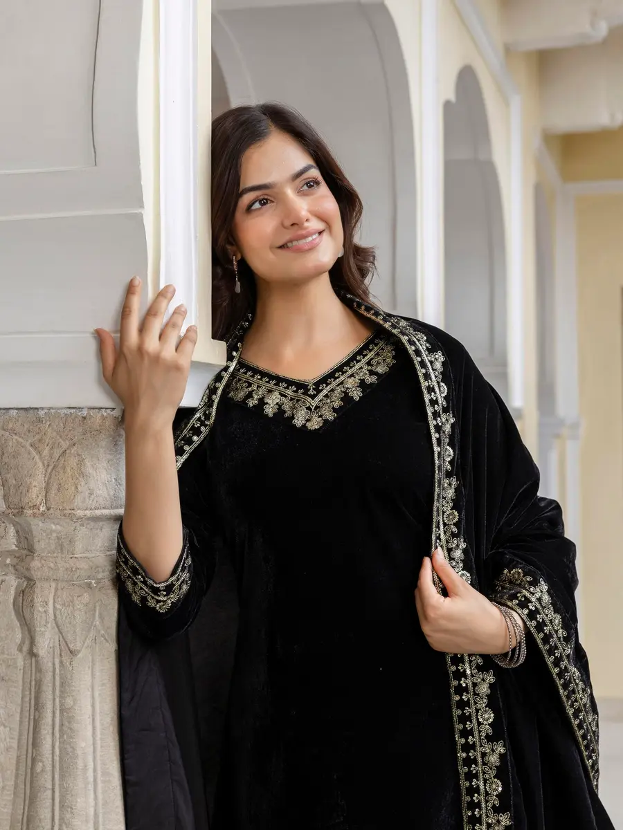TRENDMALLS Women's Velvet Embroidery Kurta Pant Set with Dupatta XX-Large Black | Festive Indian Ethnic Wear - view 7