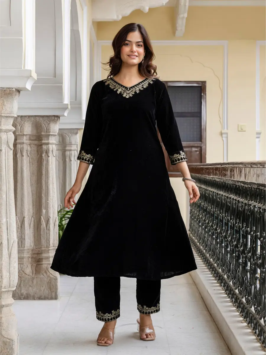 TRENDMALLS Black Velvet Embroidery Kurta Pant Set with Dupatta 3XL | Festive Wear for Indian Women - view 6