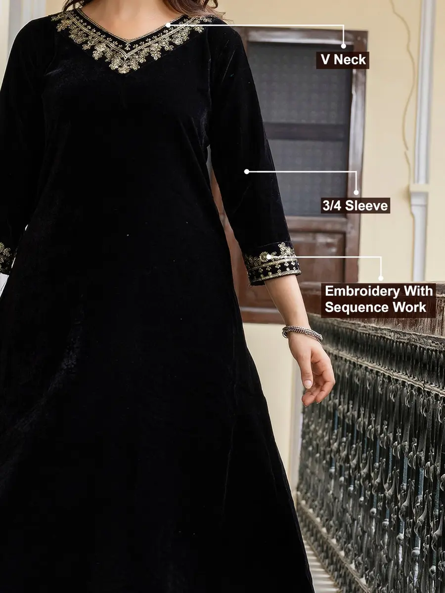 TRENDMALLS Black Velvet Embroidery Kurta Pant Set with Dupatta 3XL | Festive Wear for Indian Women - view 4
